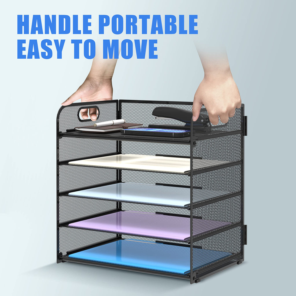 Supeasy 5 Trays Paper Organizer Letter Tray with Handle-Mesh Desk File Organizer,Black Paper Sorter Desk Organizer