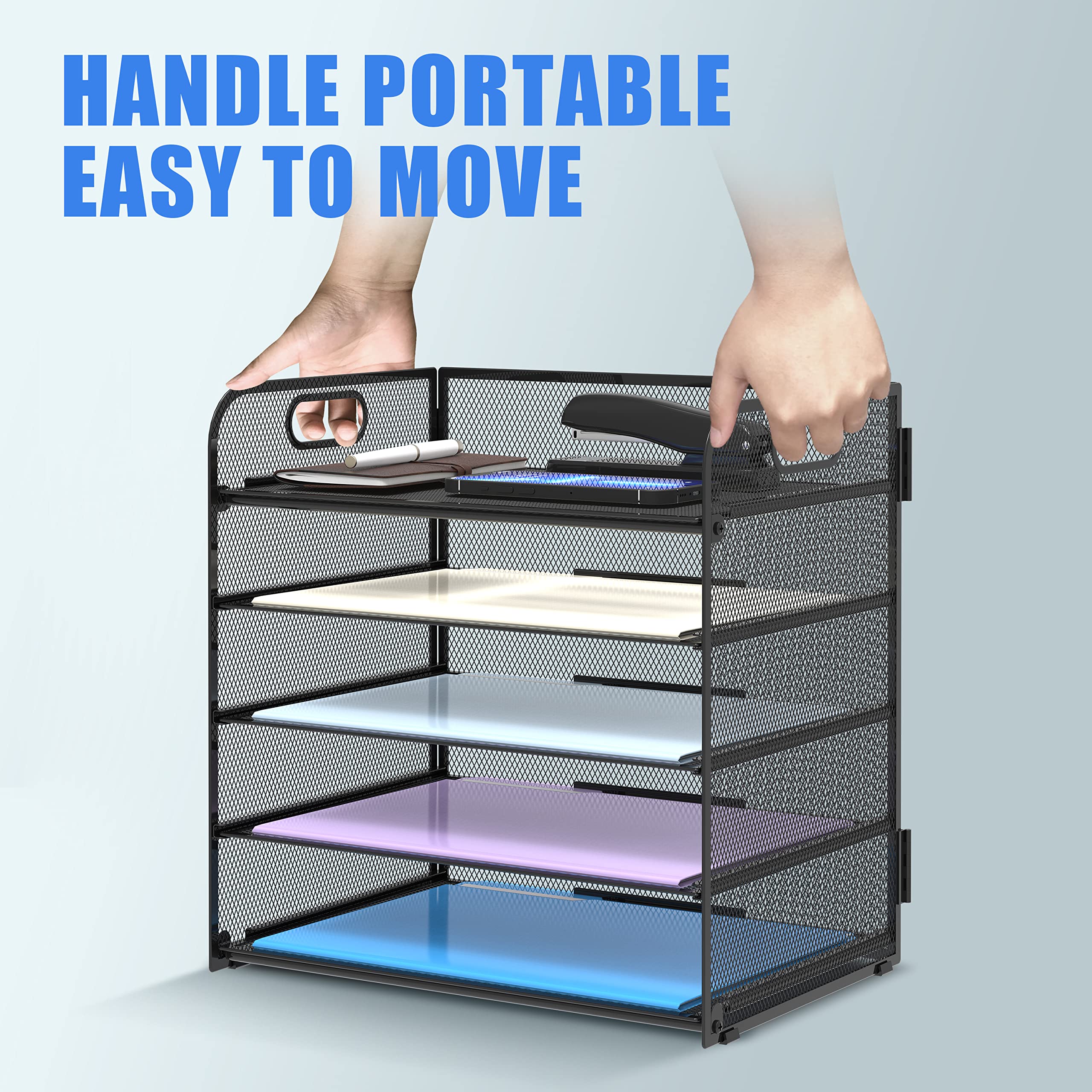 Supeasy 5 Trays Paper Organizer Letter Tray with Handle-Mesh Desk File Organizer,Black Paper Sorter Desk Organizer