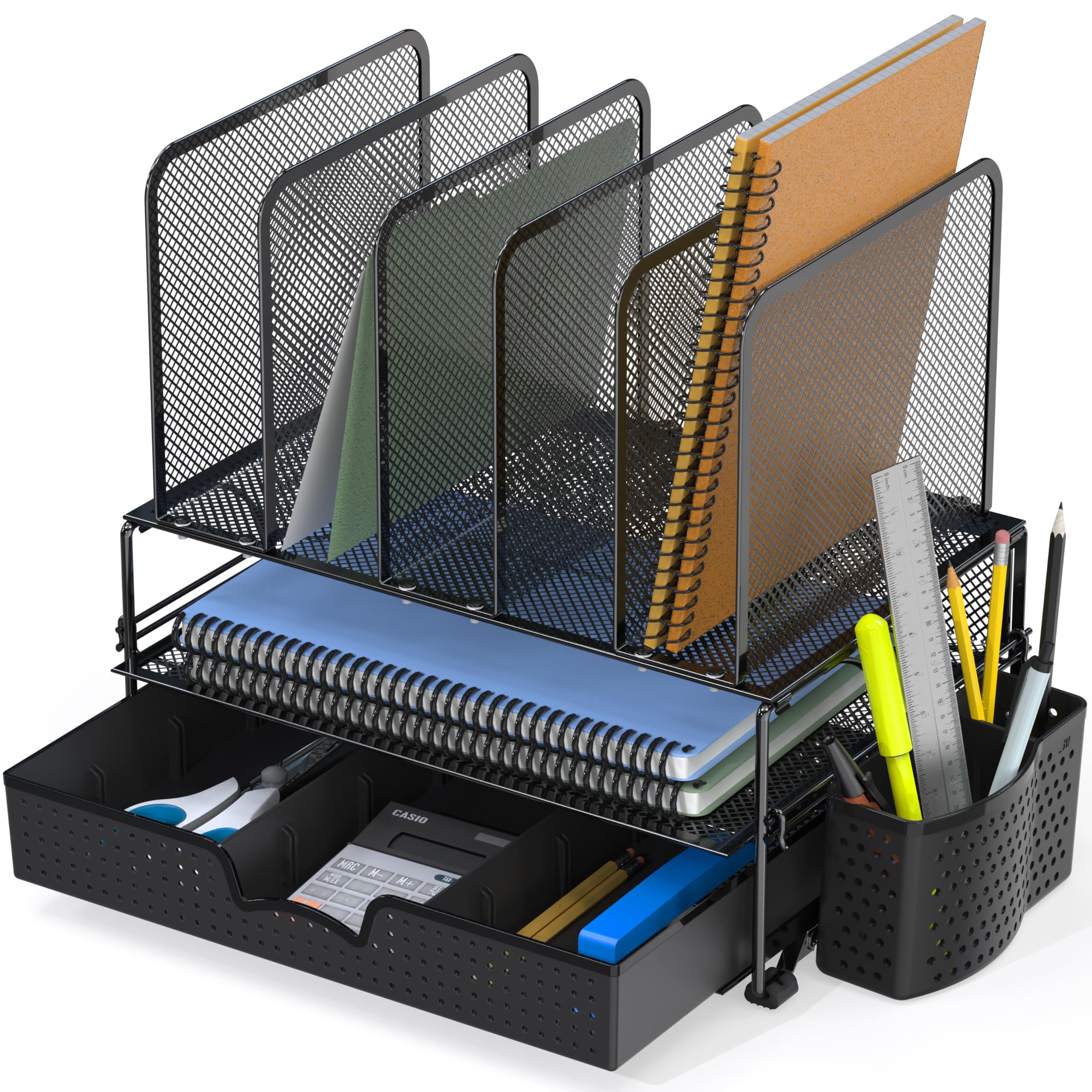 Simple Houseware Desk Organizer with Sliding Drawer, Double Tray and 5 Sections