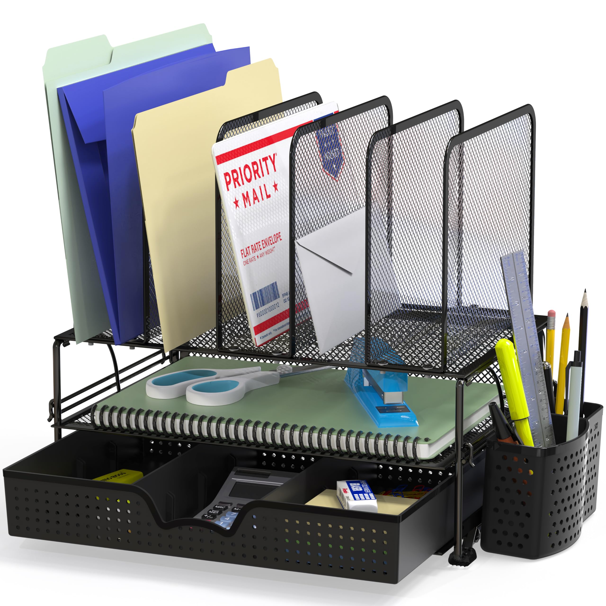 Simple Houseware Desk Organizer with Sliding Drawer, Double Tray and 5 Sections