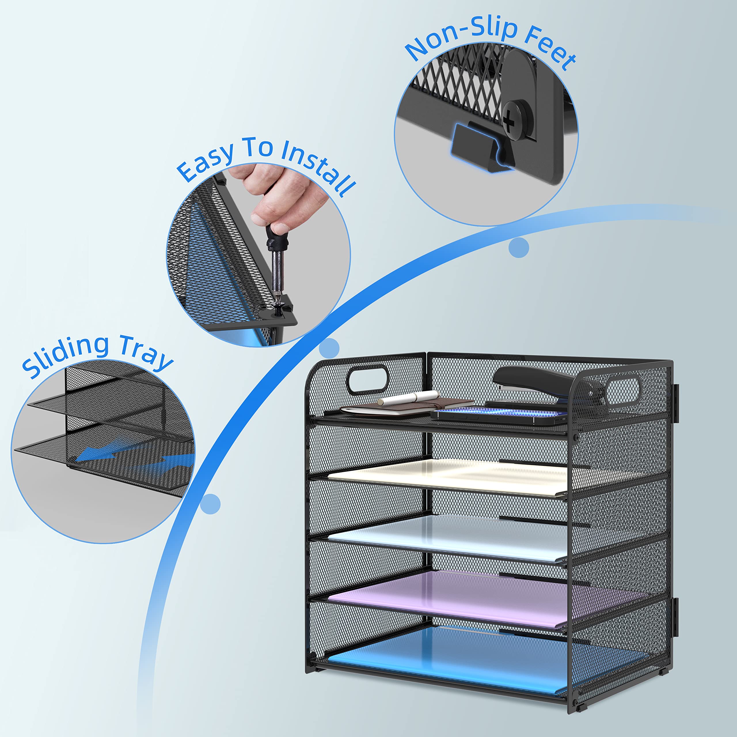Supeasy 5 Trays Paper Organizer Letter Tray with Handle-Mesh Desk File Organizer,Black Paper Sorter Desk Organizer