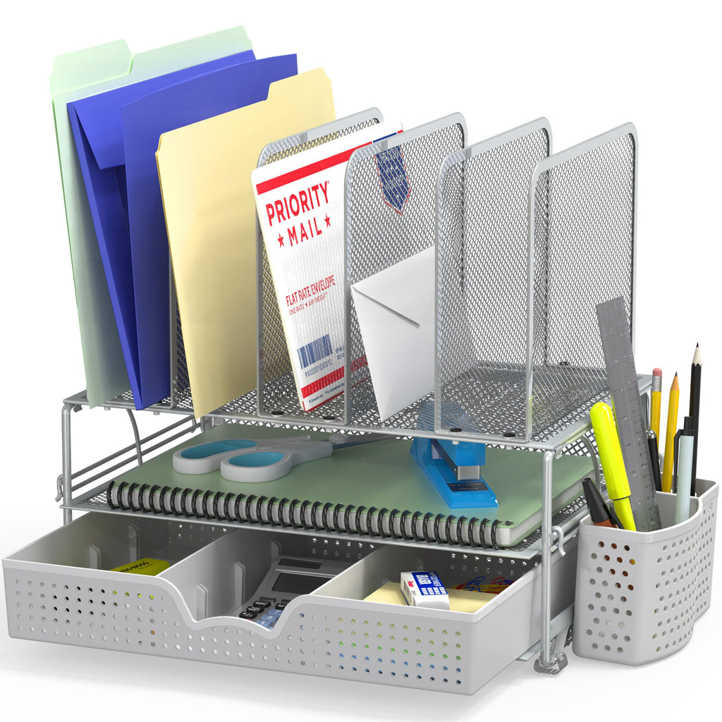 Simple Houseware Desk Organizer with Sliding Drawer, Double Tray and 5 Sections