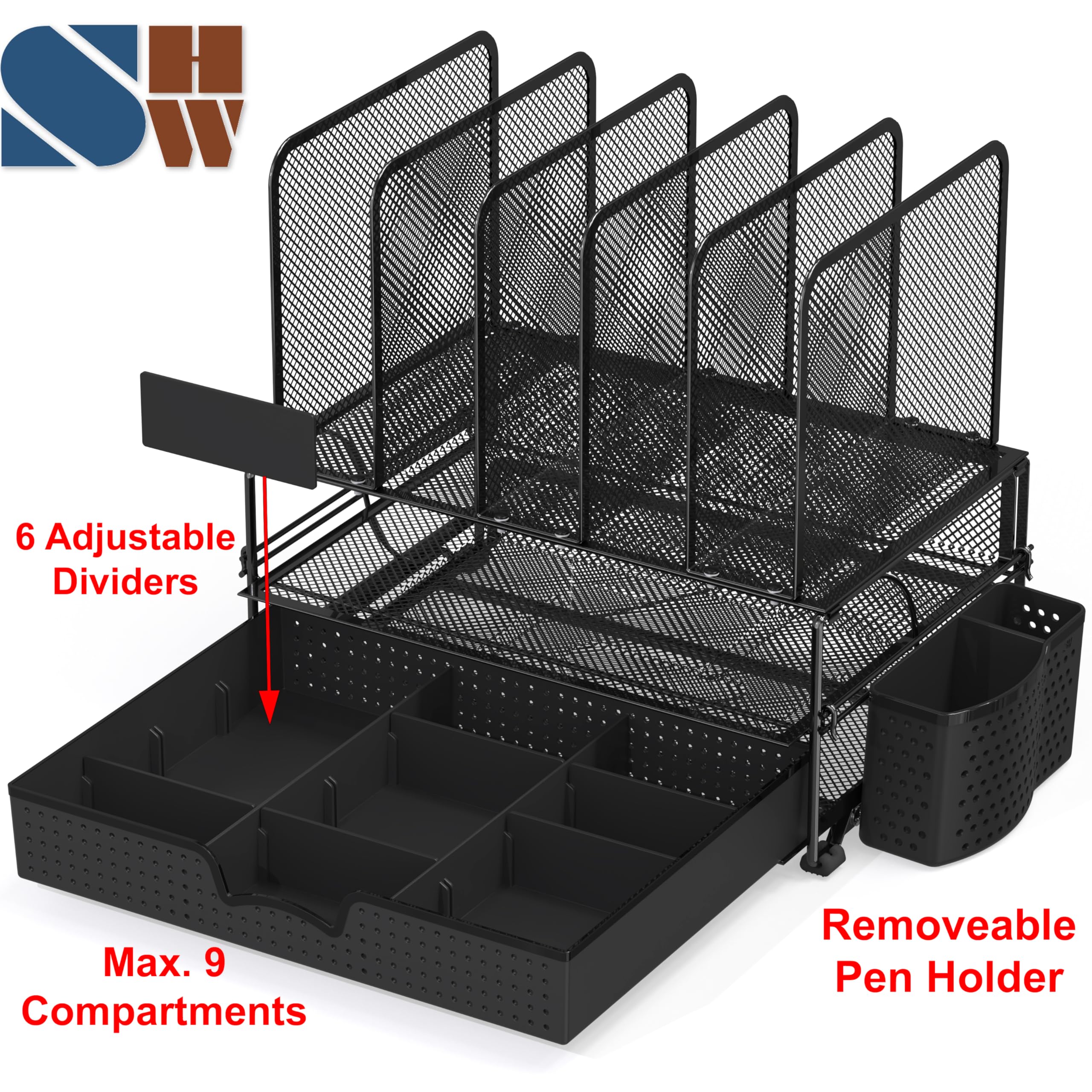 Simple Houseware Desk Organizer with Sliding Drawer, Double Tray and 5 Sections