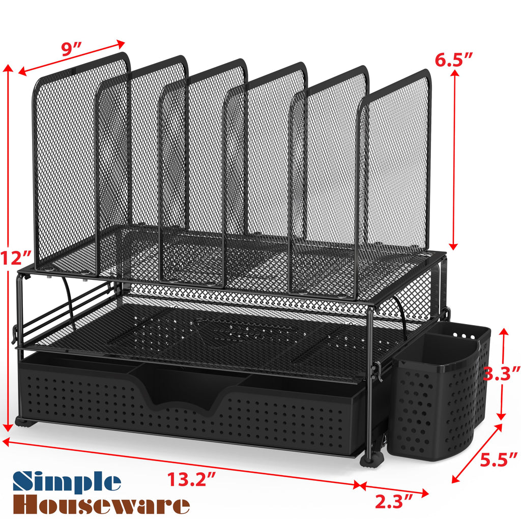Simple Houseware Desk Organizer with Sliding Drawer, Double Tray and 5 Sections