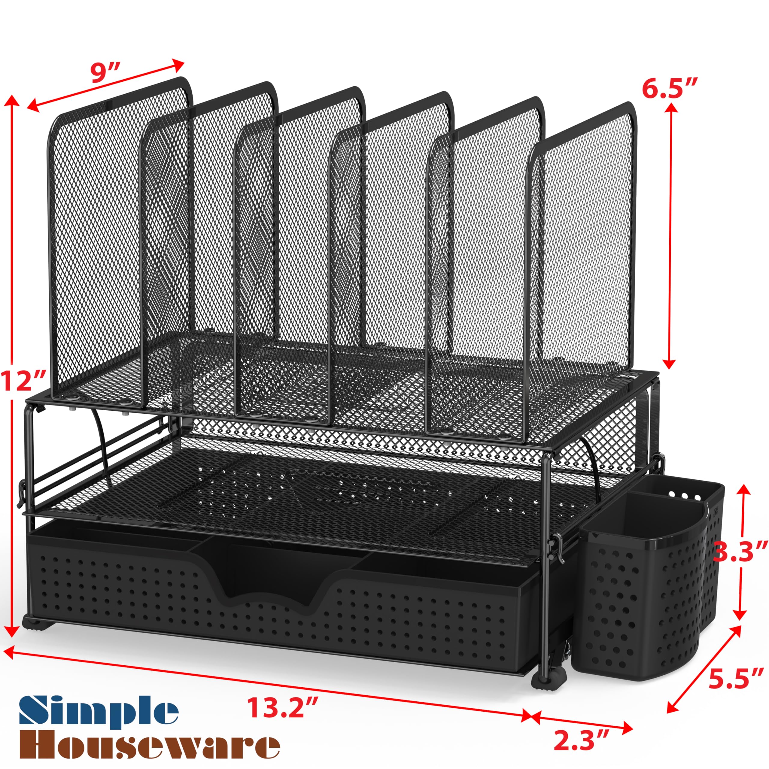 Simple Houseware Desk Organizer with Sliding Drawer, Double Tray and 5 Sections