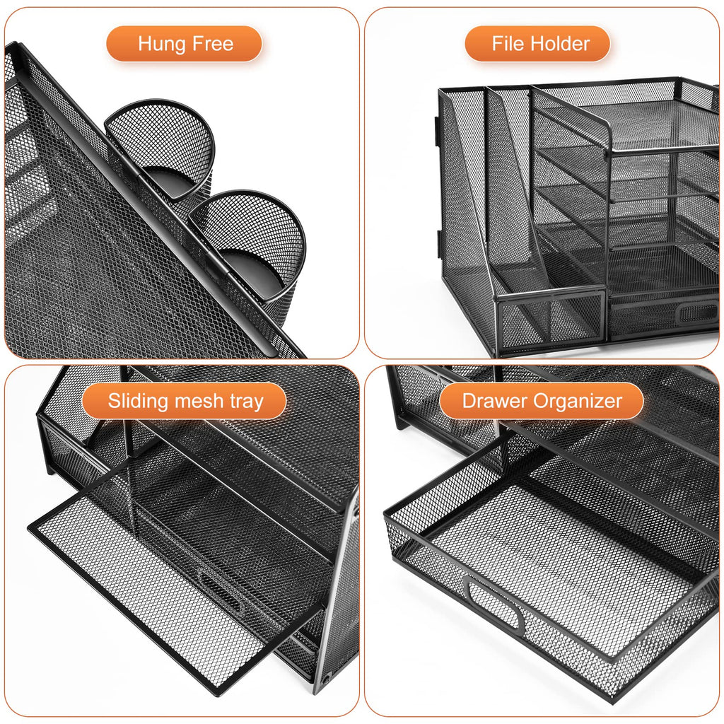 Marbrasse Desk Organizer with File Holder, 5-Tier Paper Letter Tray Organizer with Drawer and 2 Pen Holder, Mesh Desktop Organizer and Storage with Magazine Holder for Office Supplies