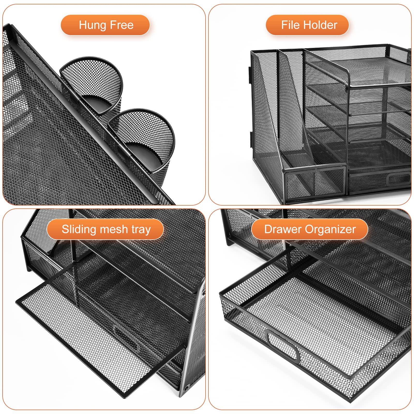 Marbrasse Desk Organizer with File Holder, 5-Tier Paper Letter Tray Organizer with Drawer and 2 Pen Holder, Mesh Desktop Organizer and Storage with Magazine Holder for Office Supplies