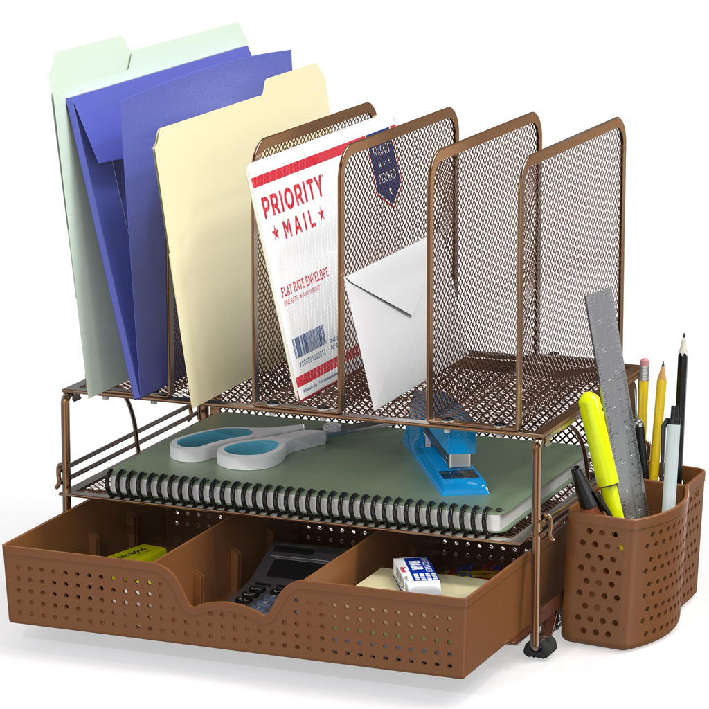 Simple Houseware Desk Organizer with Sliding Drawer, Double Tray and 5 Sections