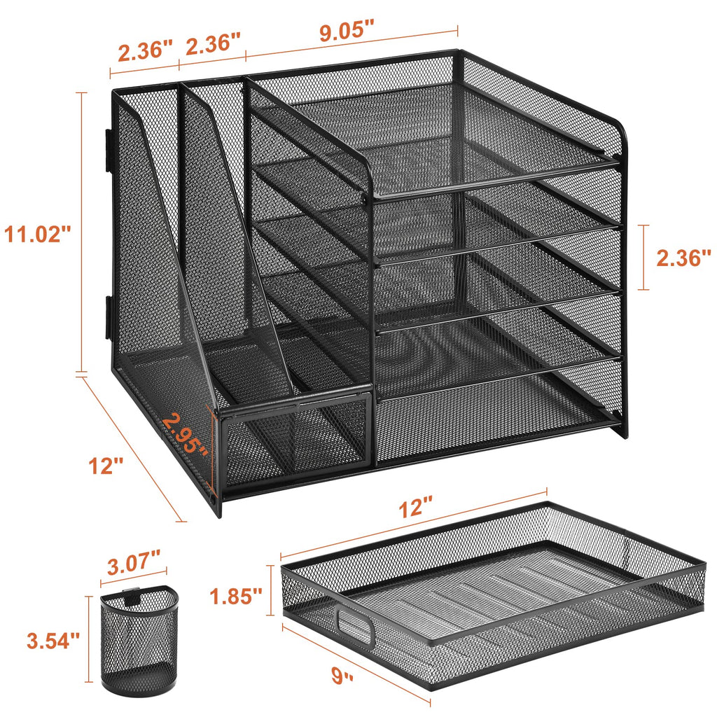 Marbrasse Desk Organizer with File Holder, 5-Tier Paper Letter Tray Organizer with Drawer and 2 Pen Holder, Mesh Desktop Organizer and Storage with Magazine Holder for Office Supplies