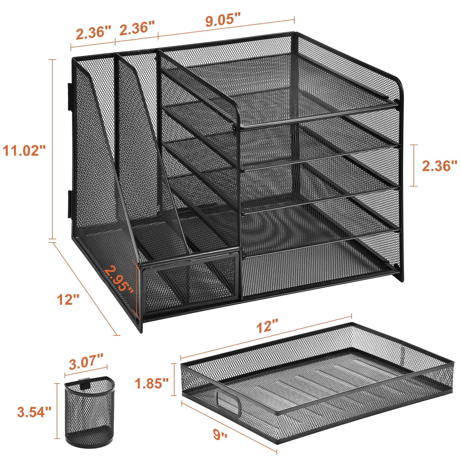 Marbrasse Desk Organizer with File Holder, 5-Tier Paper Letter Tray Organizer with Drawer and 2 Pen Holder, Mesh Desktop Organizer and Storage with Magazine Holder for Office Supplies