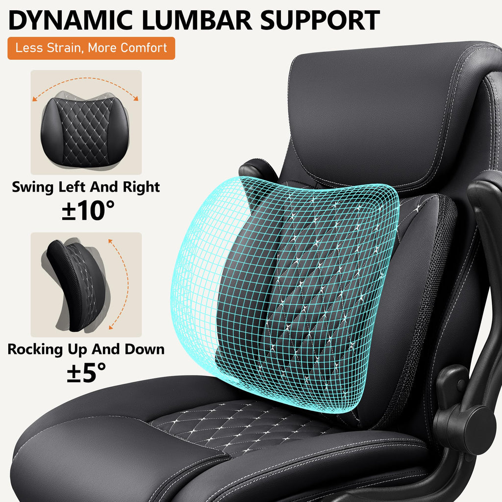 BESTFAIR Office Chair, Ergonomic Computer Desk Chairs with Lumbar Support for Lower Back Pain Relief, Executive Leather Home Chair Comfy with Padded Flip-up Armrests