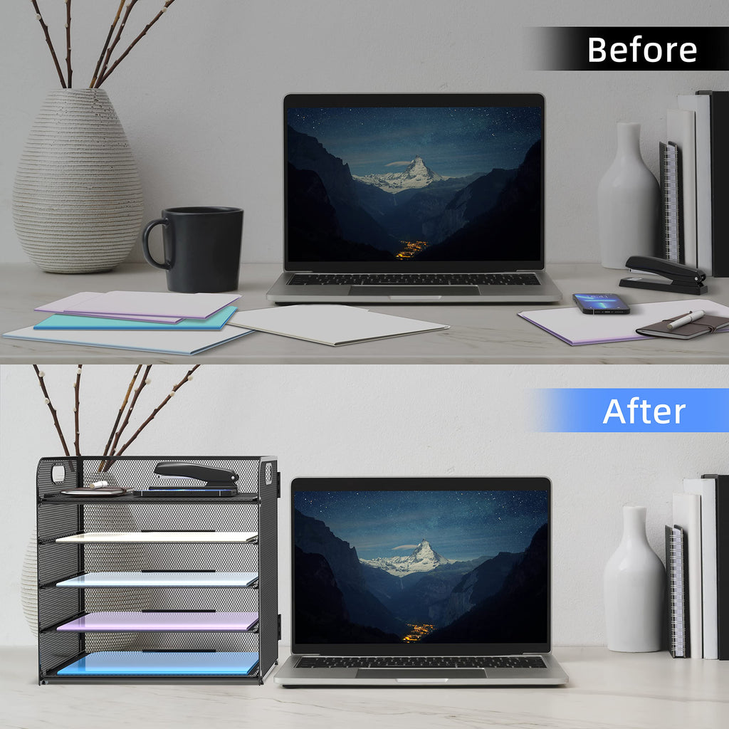 Supeasy 5 Trays Paper Organizer Letter Tray with Handle-Mesh Desk File Organizer,Black Paper Sorter Desk Organizer