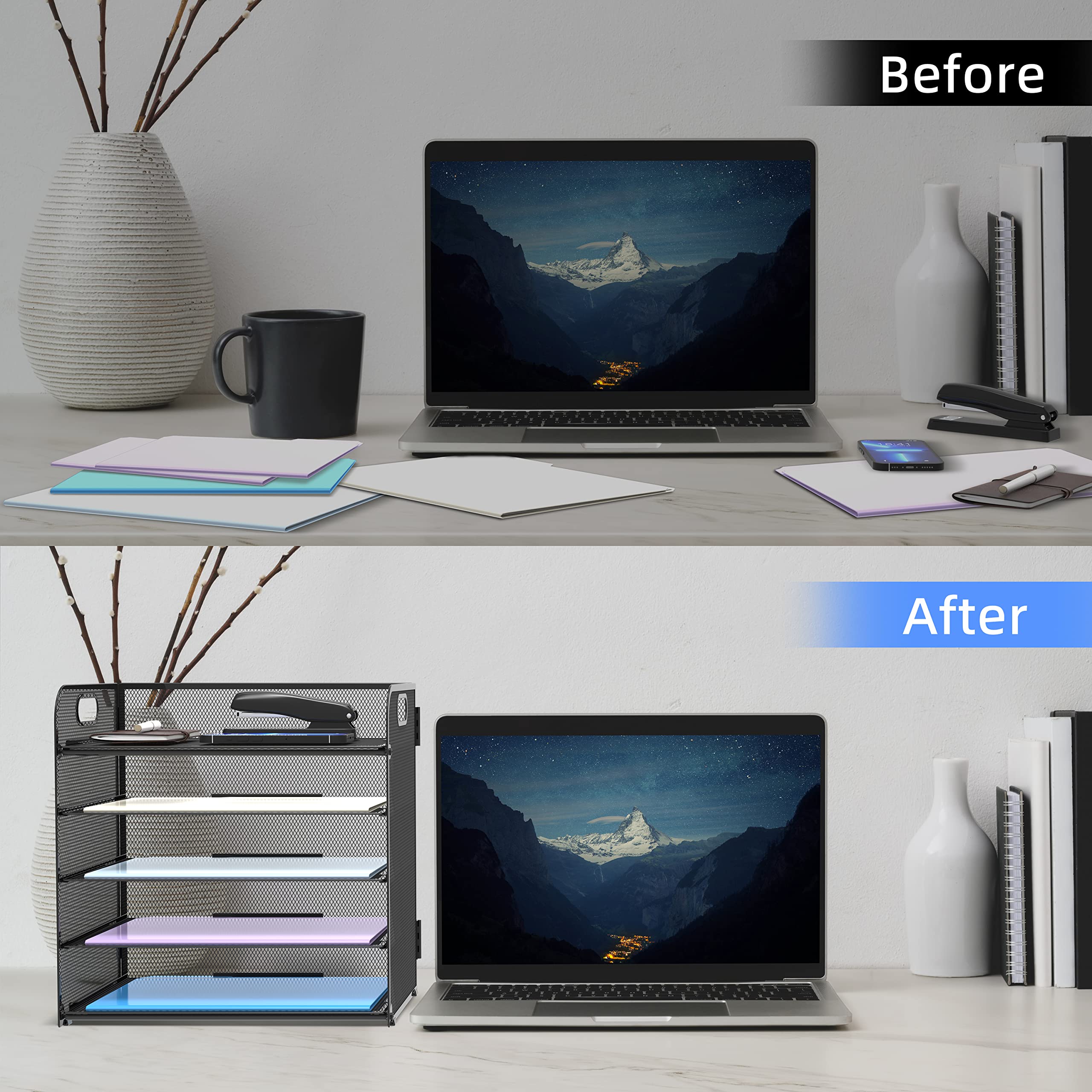 Supeasy 5 Trays Paper Organizer Letter Tray with Handle-Mesh Desk File Organizer,Black Paper Sorter Desk Organizer