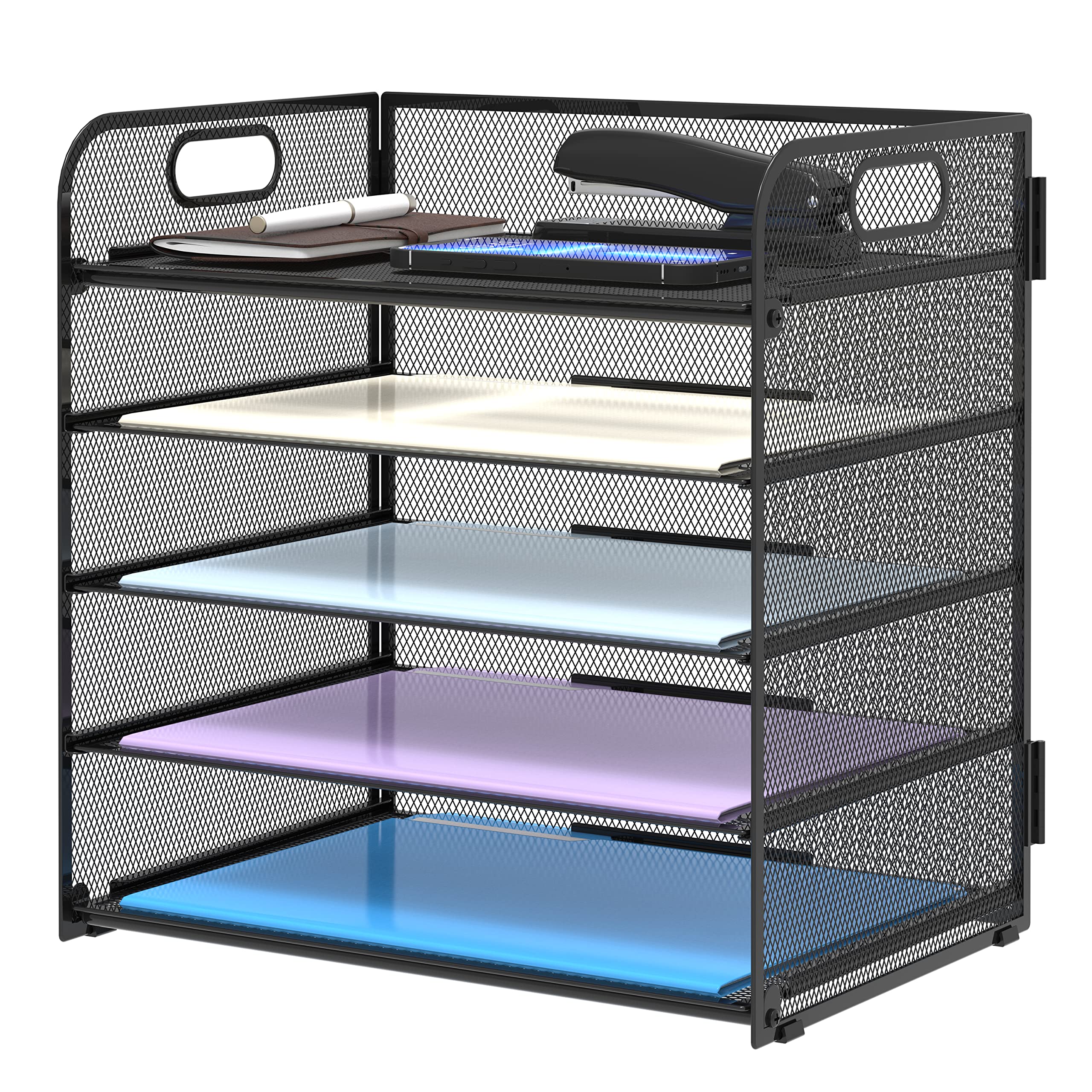 Supeasy 5 Trays Paper Organizer Letter Tray with Handle-Mesh Desk File Organizer,Black Paper Sorter Desk Organizer