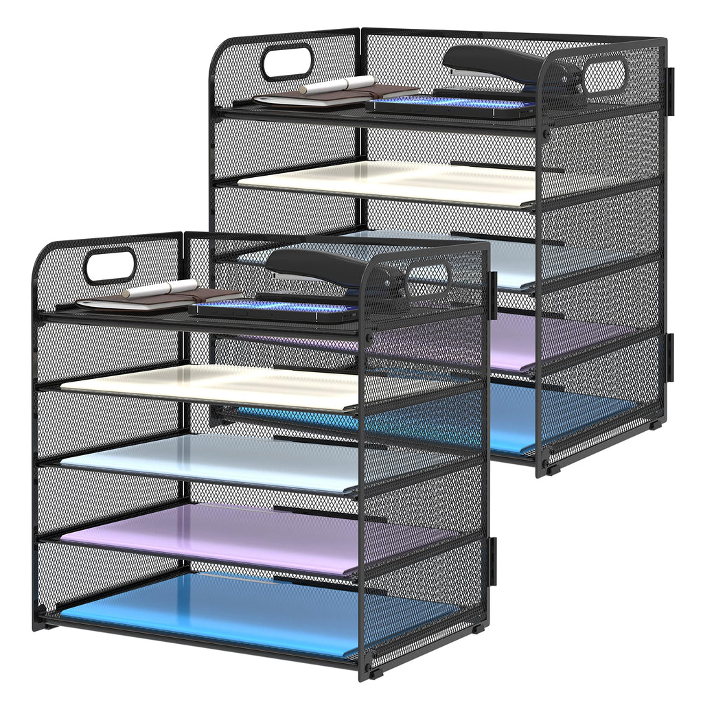 Supeasy 5 Trays Paper Organizer Letter Tray with Handle-Mesh Desk File Organizer,Black Paper Sorter Desk Organizer