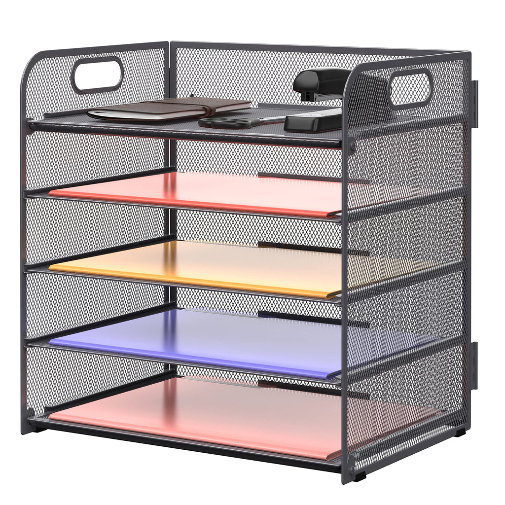 Supeasy 5 Trays Paper Organizer Letter Tray with Handle-Mesh Desk File Organizer,Black Paper Sorter Desk Organizer