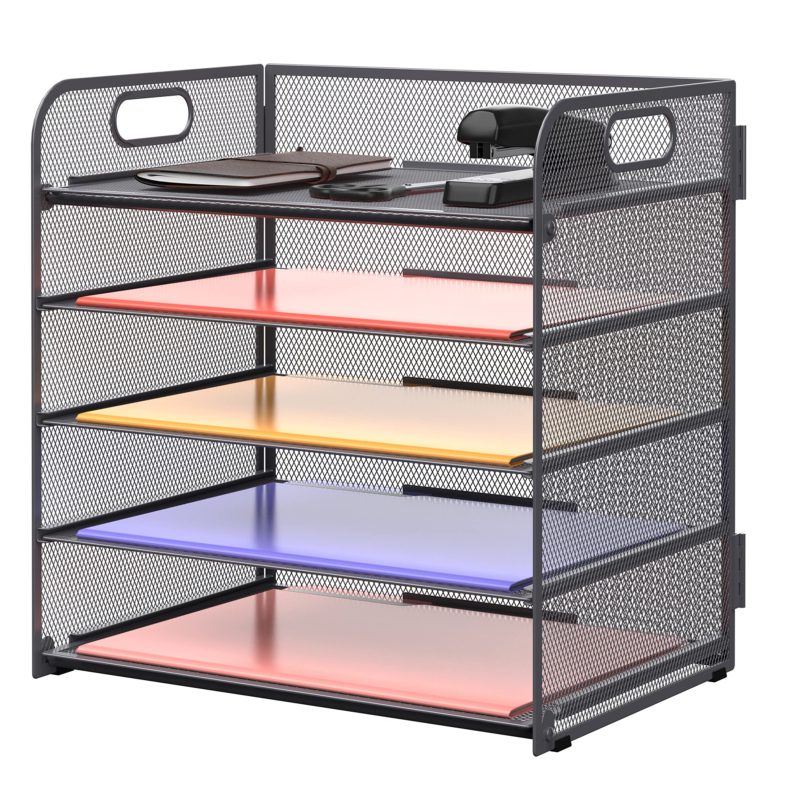 Supeasy 5 Trays Paper Organizer Letter Tray with Handle-Mesh Desk File Organizer,Black Paper Sorter Desk Organizer